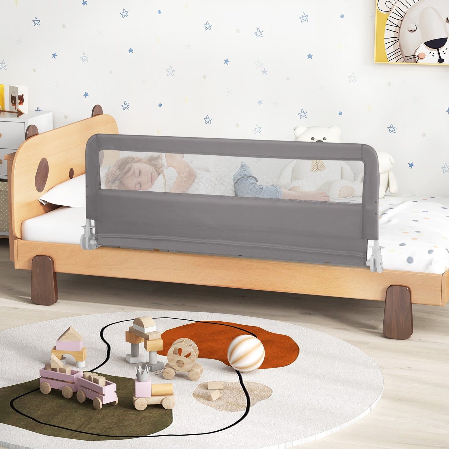 150CM Foldable Baby Bed Rail Guard with Washable Cover and Safety Strap-Beige