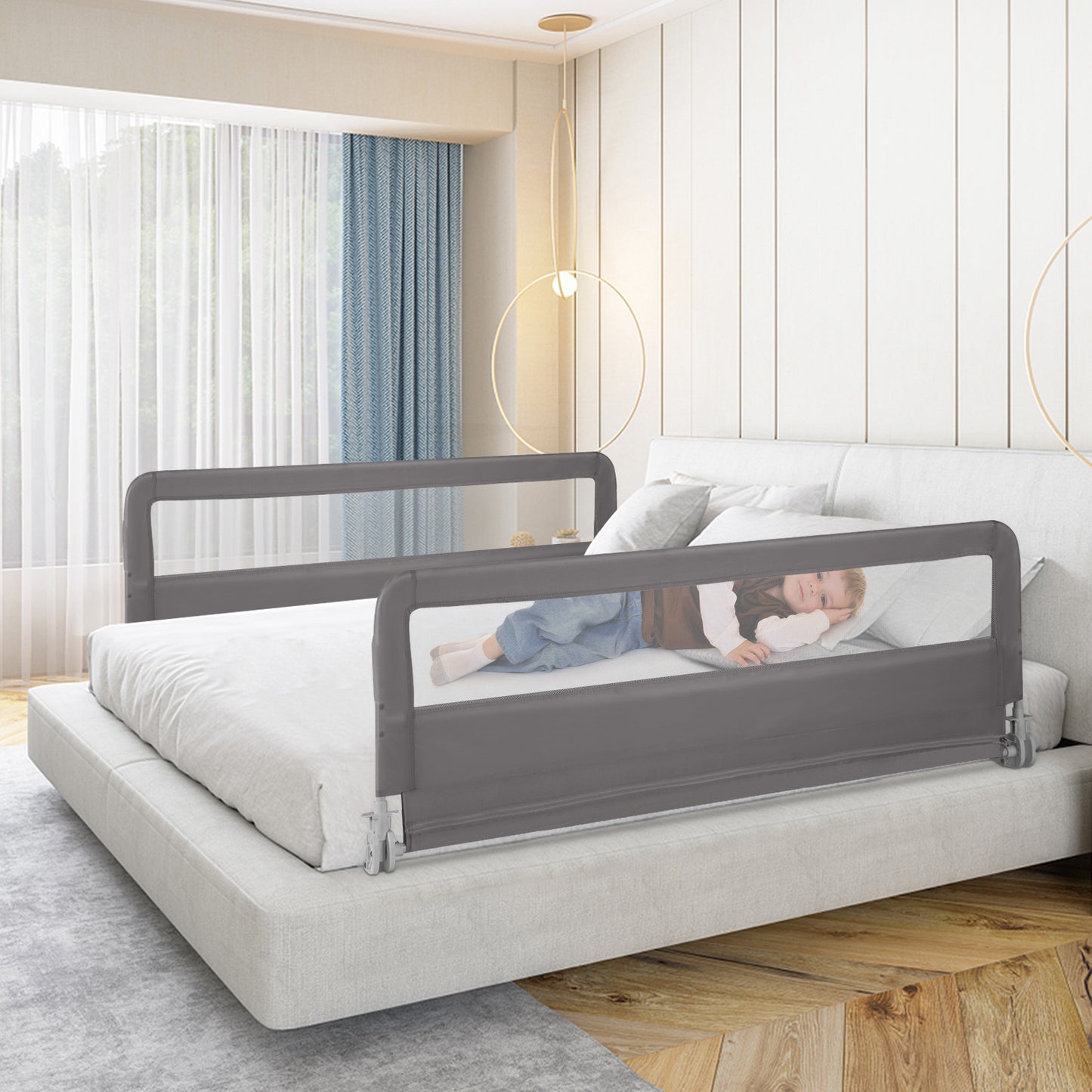 150CM Foldable Baby Bed Rail Guard with Washable Cover and Safety Strap-Beige
