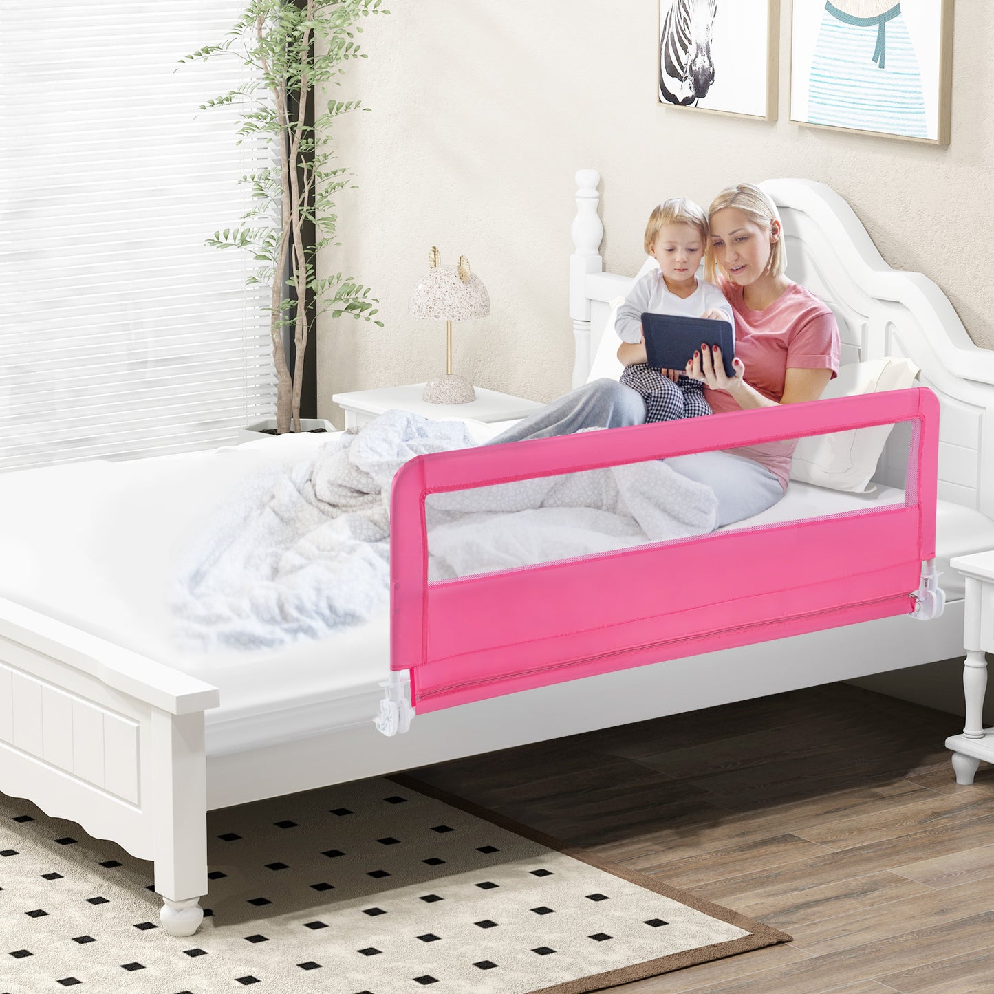150CM Foldable Baby Bed Rail Guard with Washable Cover and Safety Strap-Beige