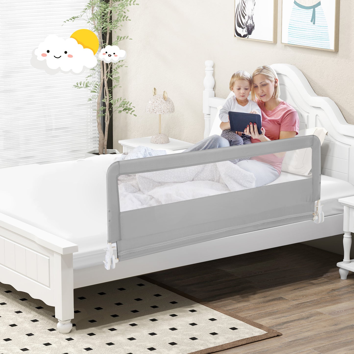 150CM Foldable Baby Bed Rail Guard with Washable Cover and Safety Strap-Beige