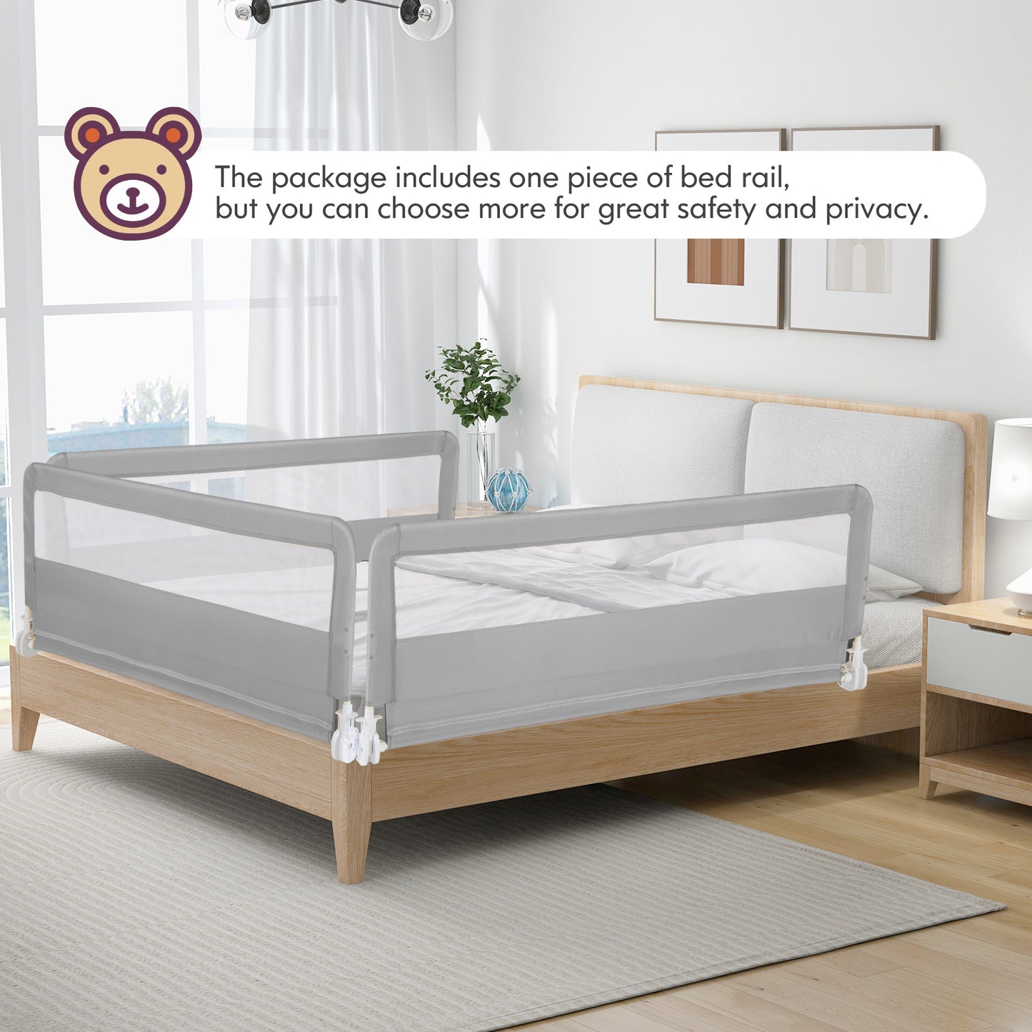150CM Foldable Baby Bed Rail Guard with Washable Cover and Safety Strap-Beige