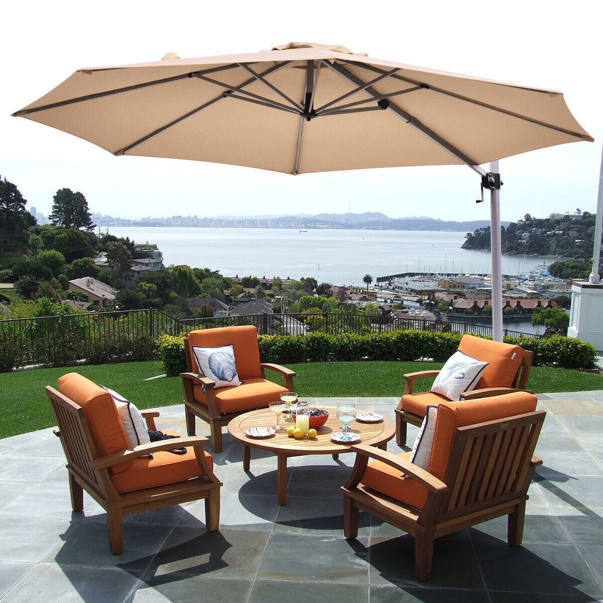 3.3m Patio Cantilever Umbrella with Tilting Adjustment and Cross base-Beige