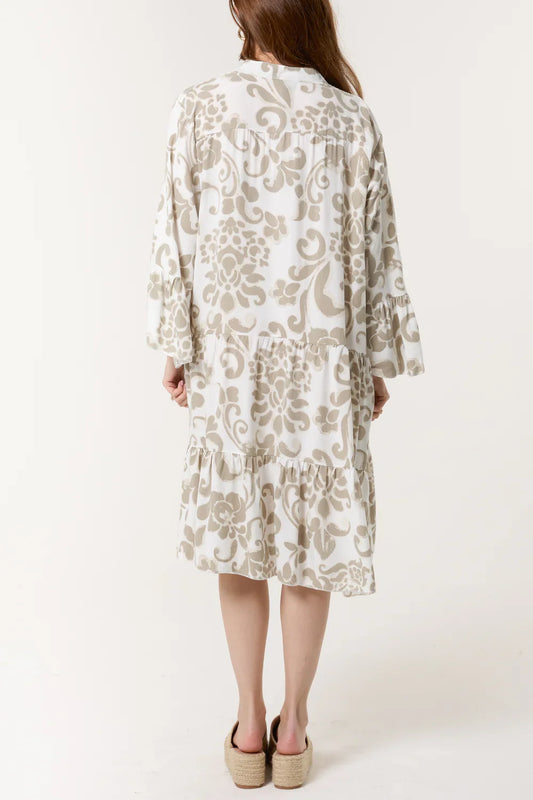 Beige Damask Floral Tiered Midi Dress – One Size Fits UK 8–16