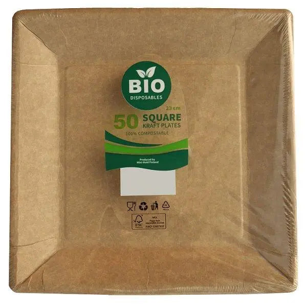 Bio Disposables 50 Square Kraft Plates 23cm