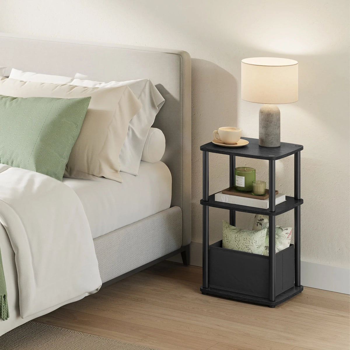 Black Side Table with 3 Shelves & Fabric Basket Bedside End Table Home Storage