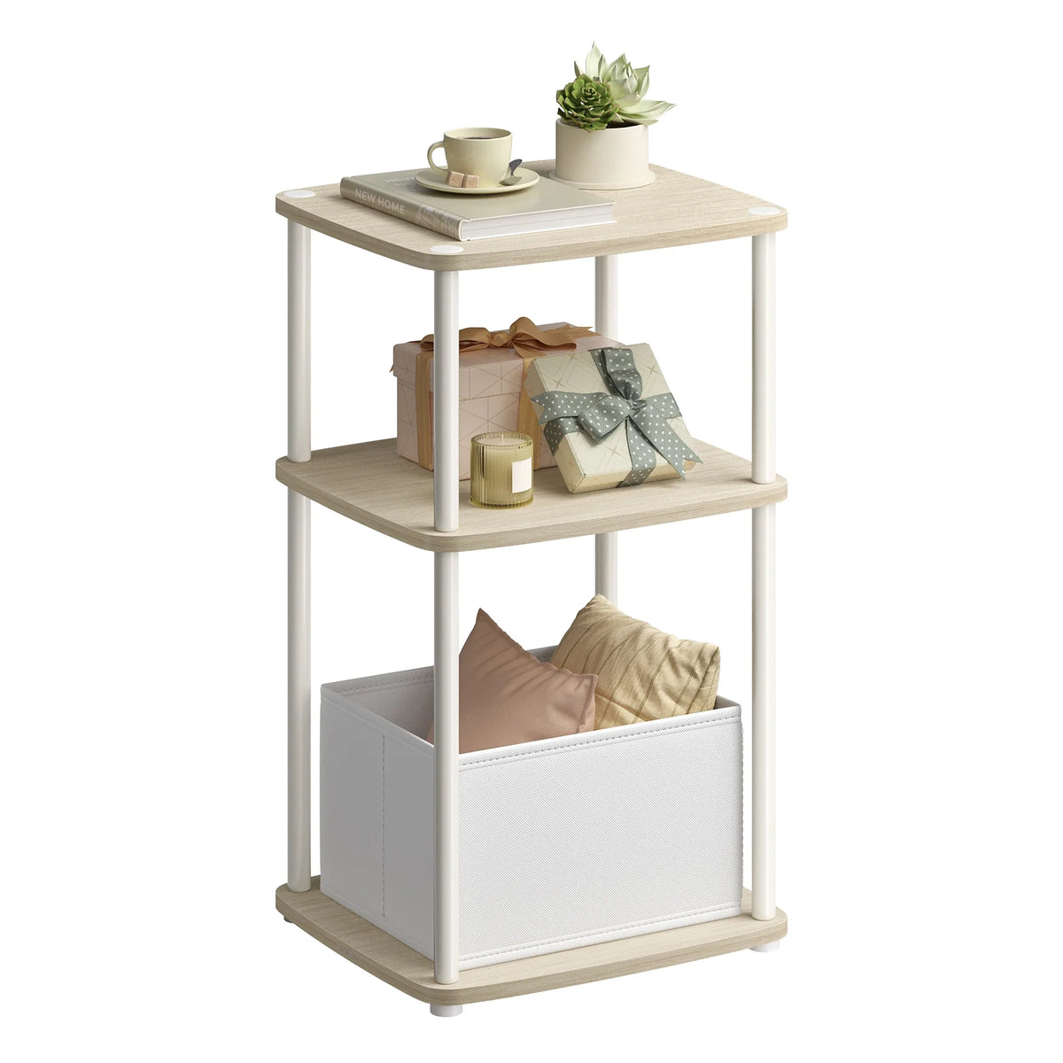 Black Side Table with 3 Shelves & Fabric Basket Bedside End Table Home Storage
