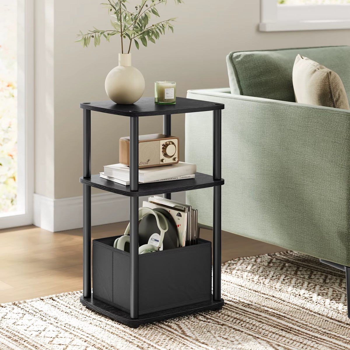 Black Side Table with 3 Shelves & Fabric Basket Bedside End Table Home Storage