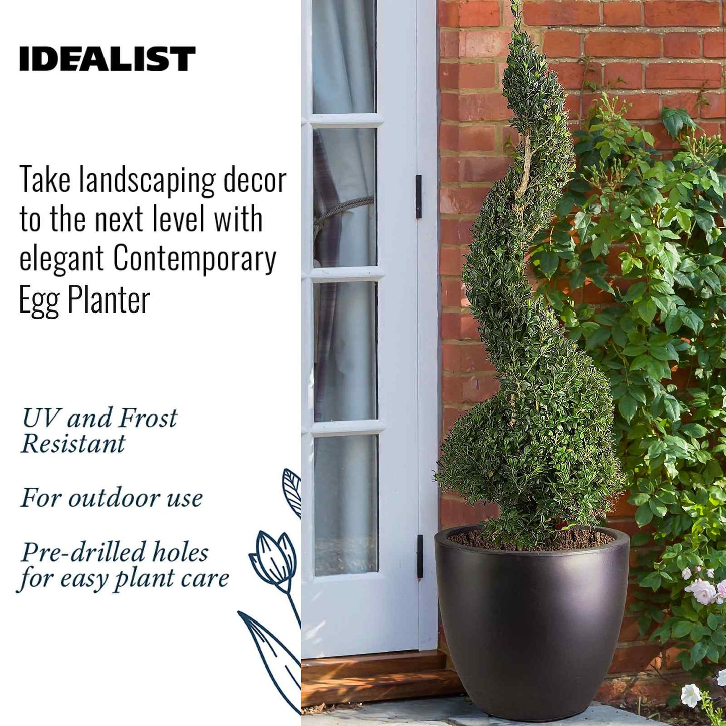 IDEALIST Lite 50cm Large Garden Planter for Trees | Washed Light Concrete Egg Round Planter | Contemporary Outdoor Plant Pot D50 H50 cm, 98L