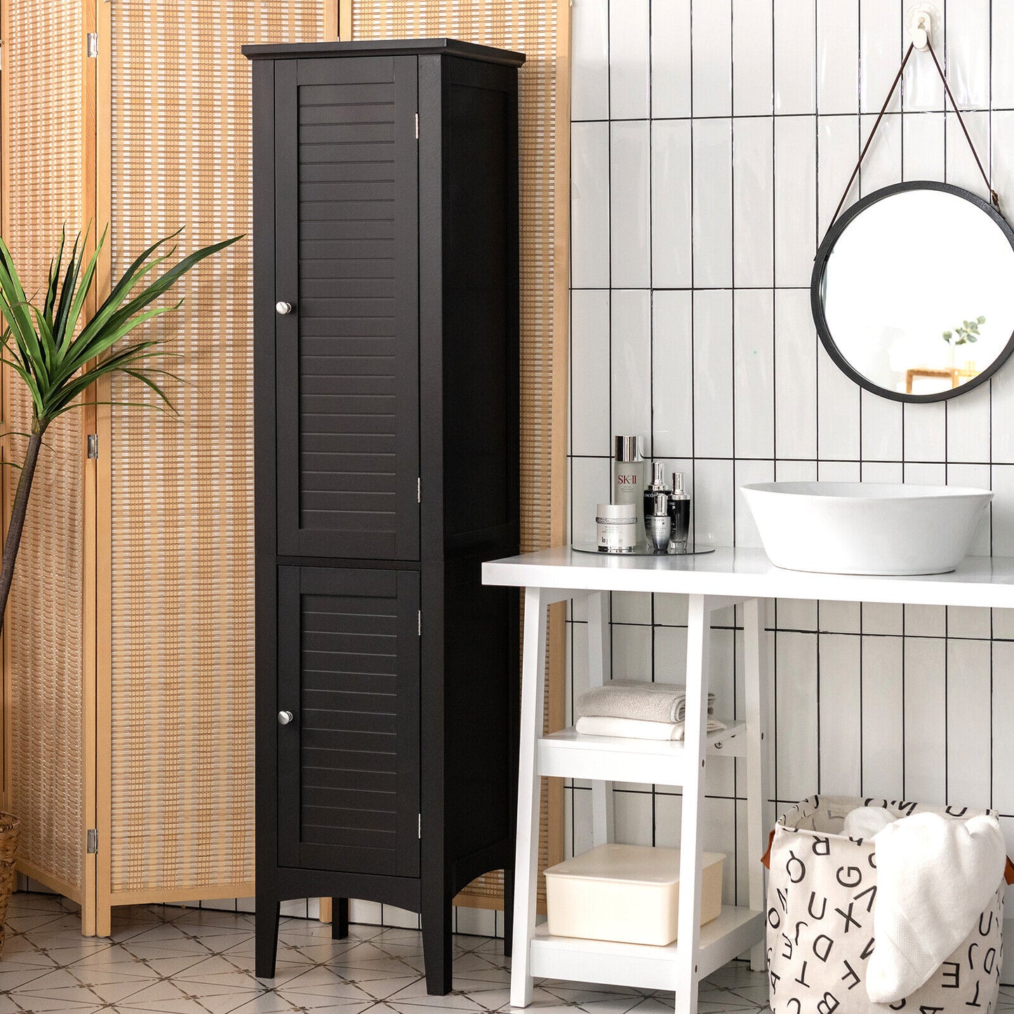 2-Door 160cm High Freestanding Bathroom Cabinet with 5-Tier Shelves-Brown