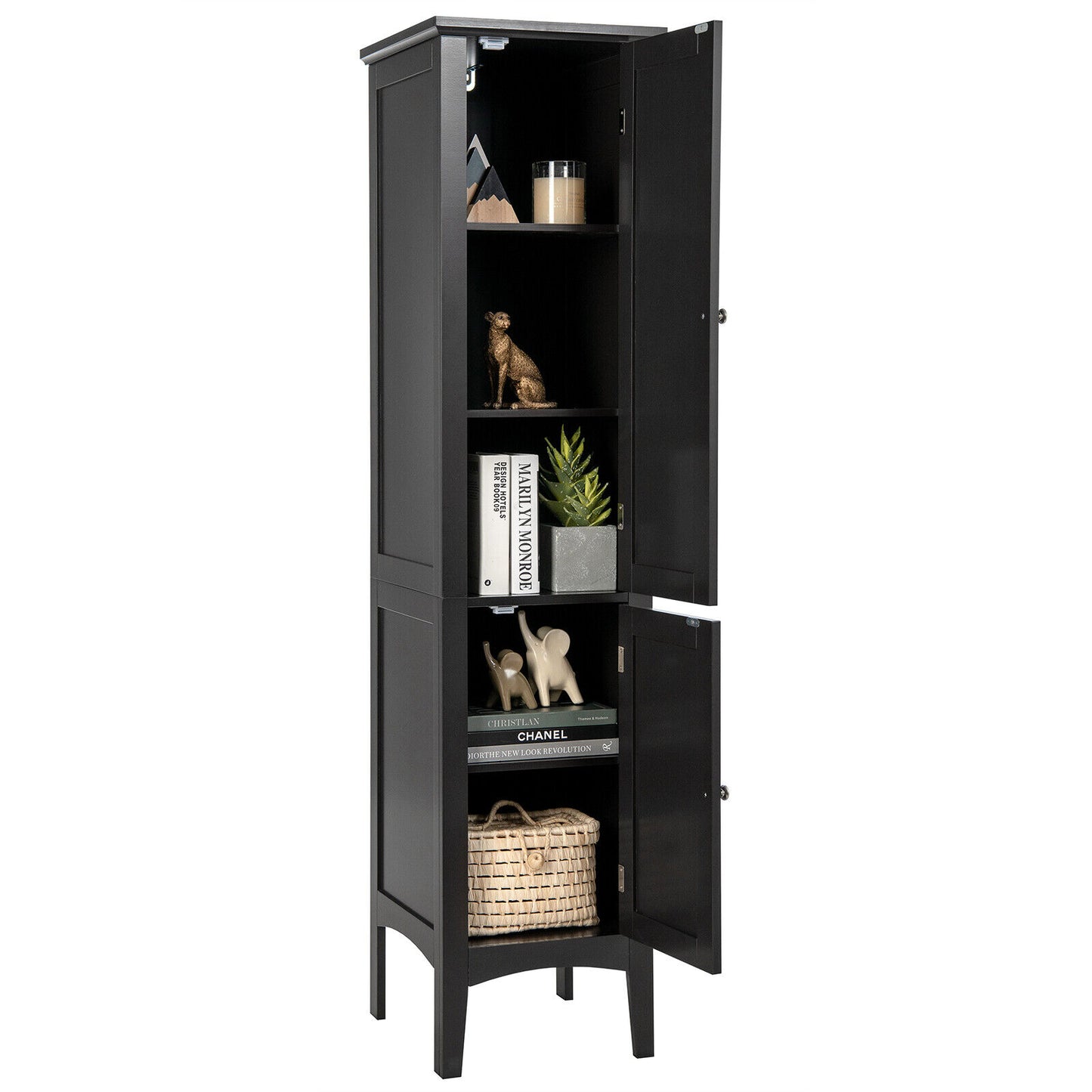 2-Door 160cm High Freestanding Bathroom Cabinet with 5-Tier Shelves-Brown