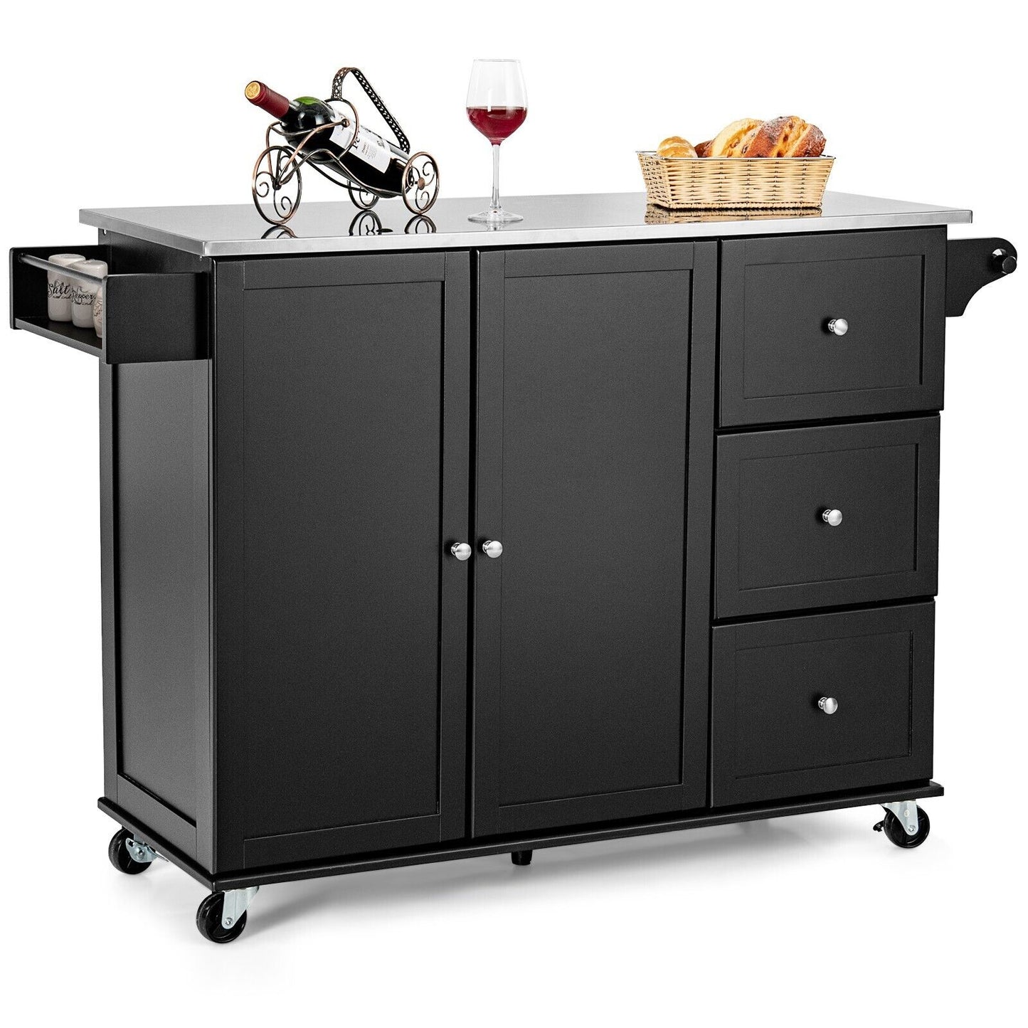 2-Doors Rolling Kitchen Island Cart with 3 Drawers-White