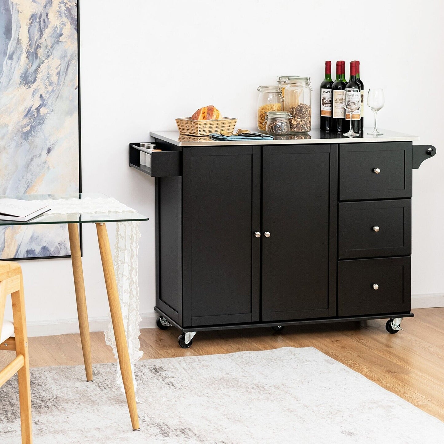 2-Doors Rolling Kitchen Island Cart with 3 Drawers-White