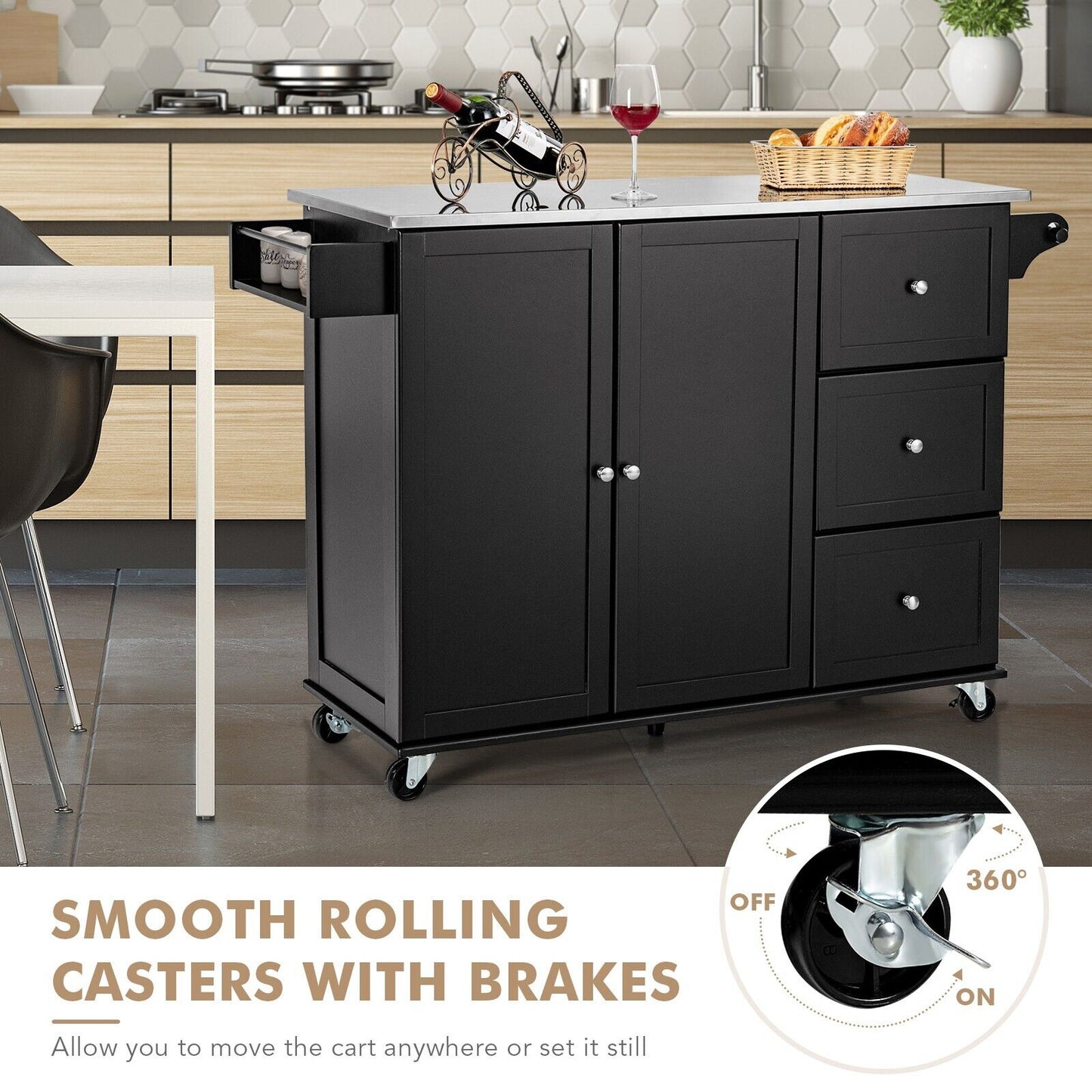 2-Doors Rolling Kitchen Island Cart with 3 Drawers-White