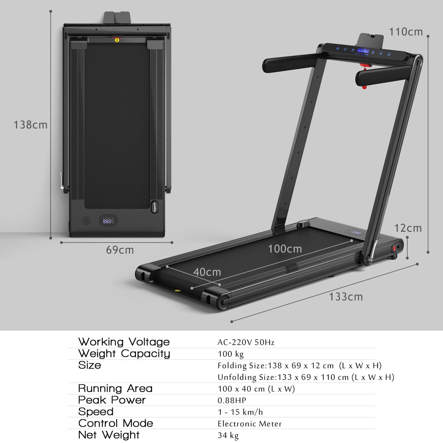 2-in-1 Folding Under Desk Treadmill with Dual LED Display-Blue