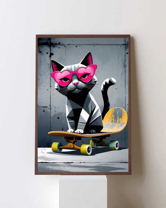 Skater Cat Vibes – Cool Wall Art with Pink Glasses & Attitude