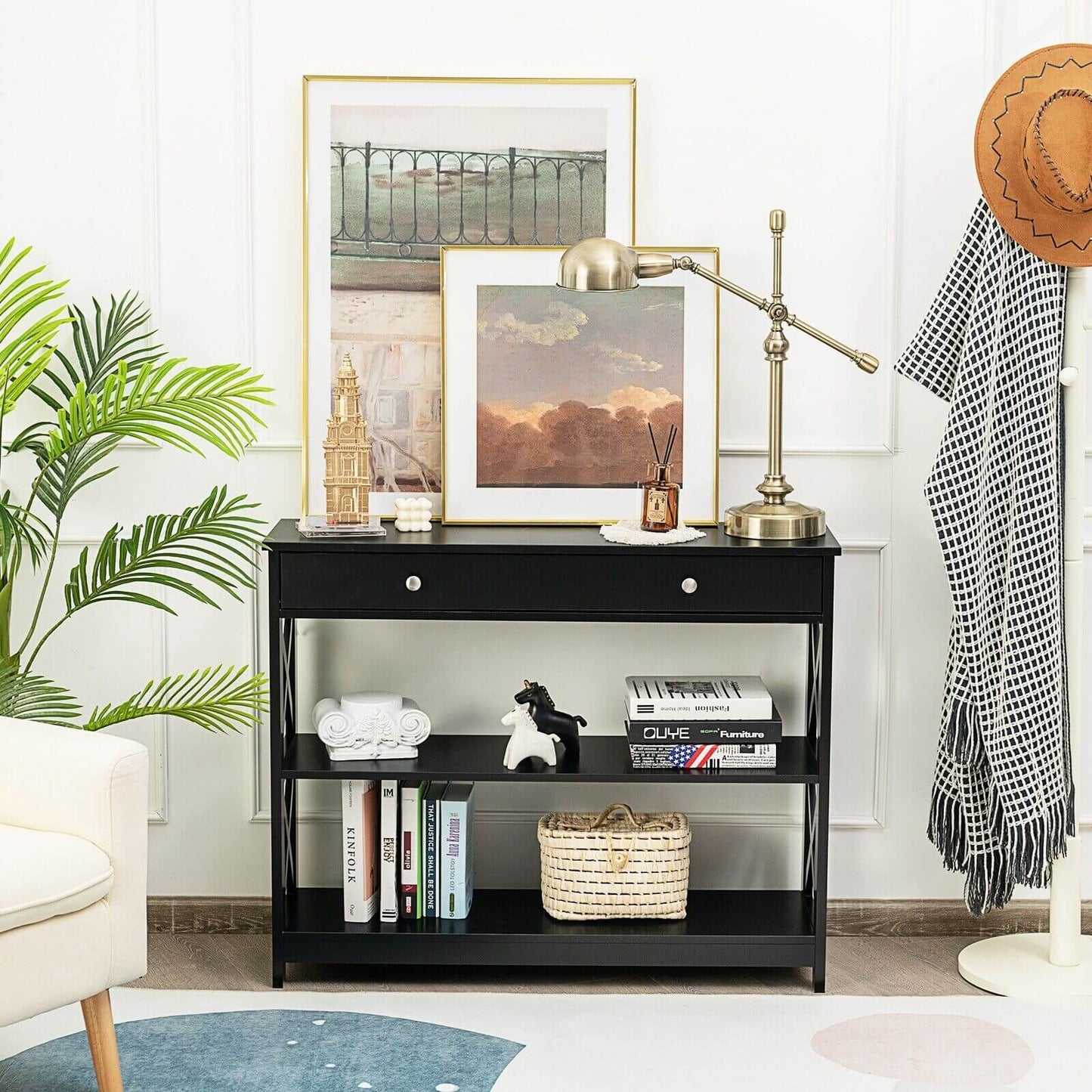 3-Tier Console Table with 1 Drawer and 2 Storage Shelves-Turquoise