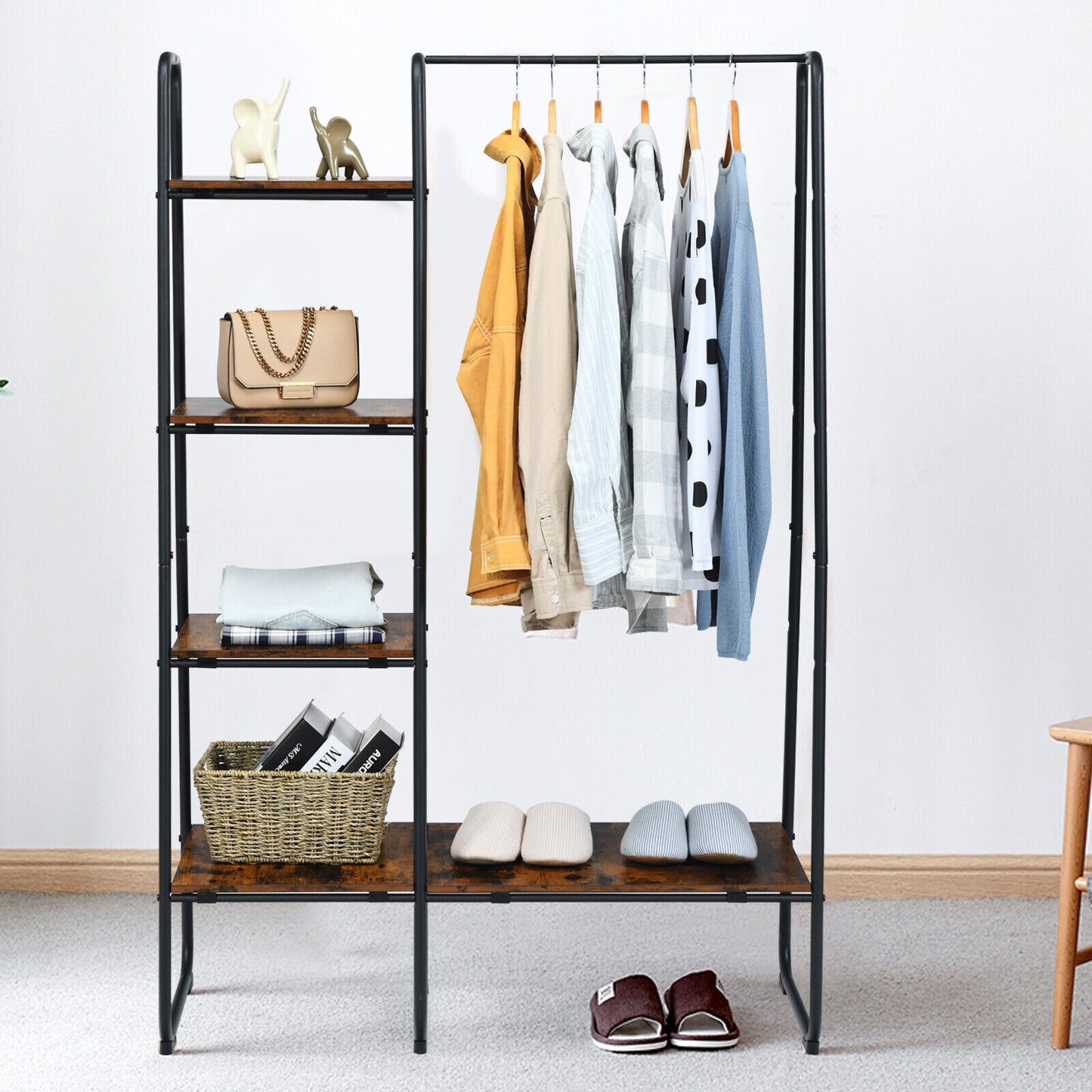 Free-Standing Garment Clothing Rack with 5-Tier Wood Shelves-White