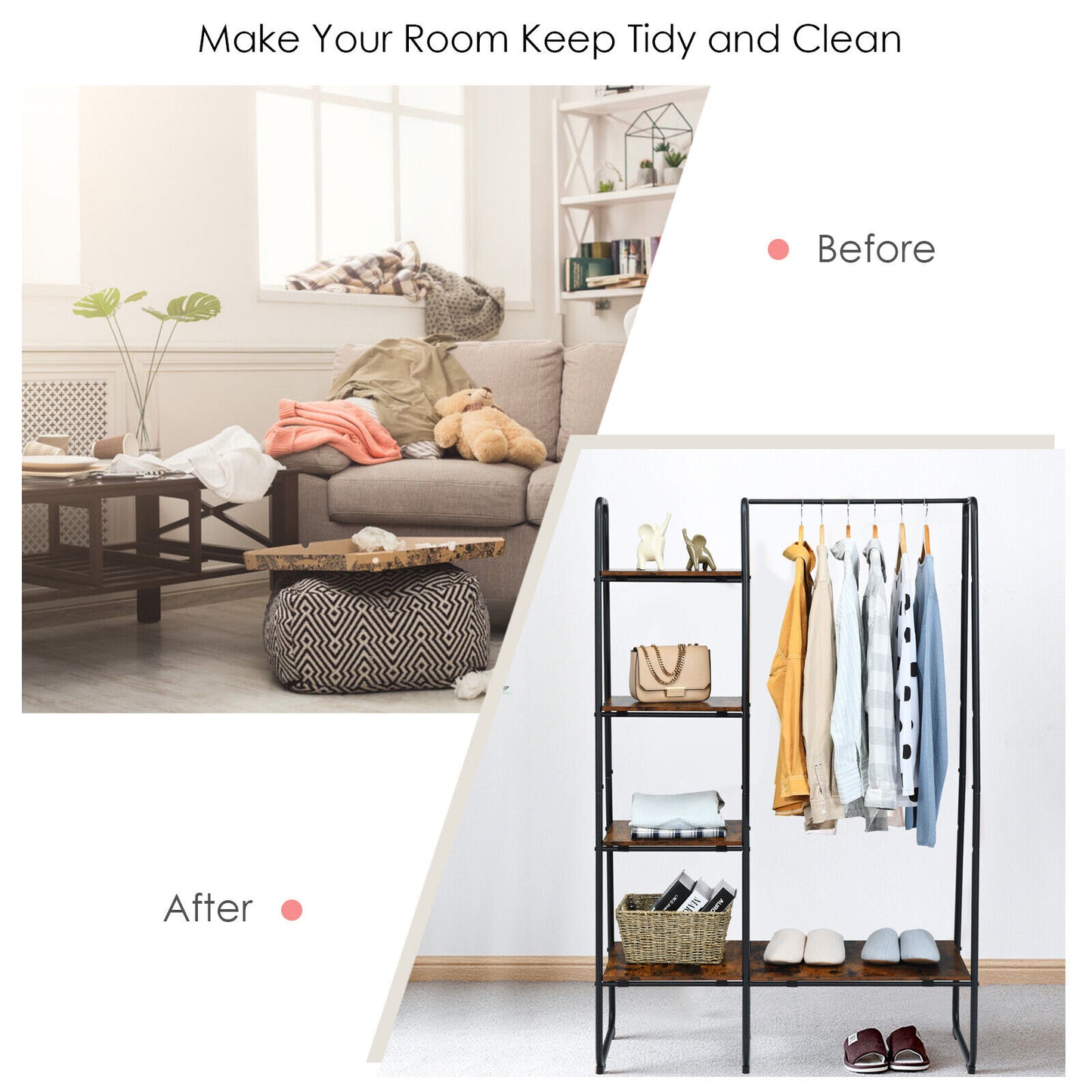 Free-Standing Garment Clothing Rack with 5-Tier Wood Shelves-White