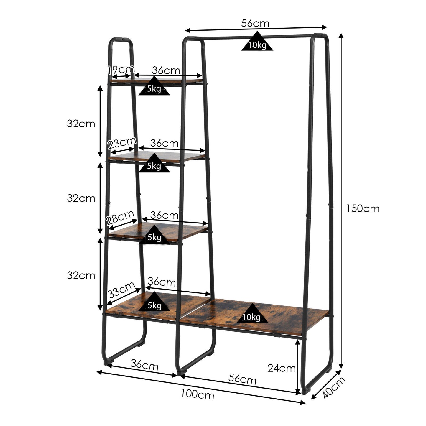 Free-Standing Garment Clothing Rack with 5-Tier Wood Shelves-White