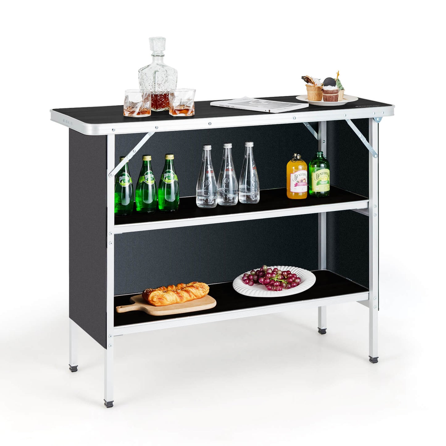 Aluminum Lightweight Folding Picnic Table with 2-Tier Shelves and Carrying Bag-Coffee