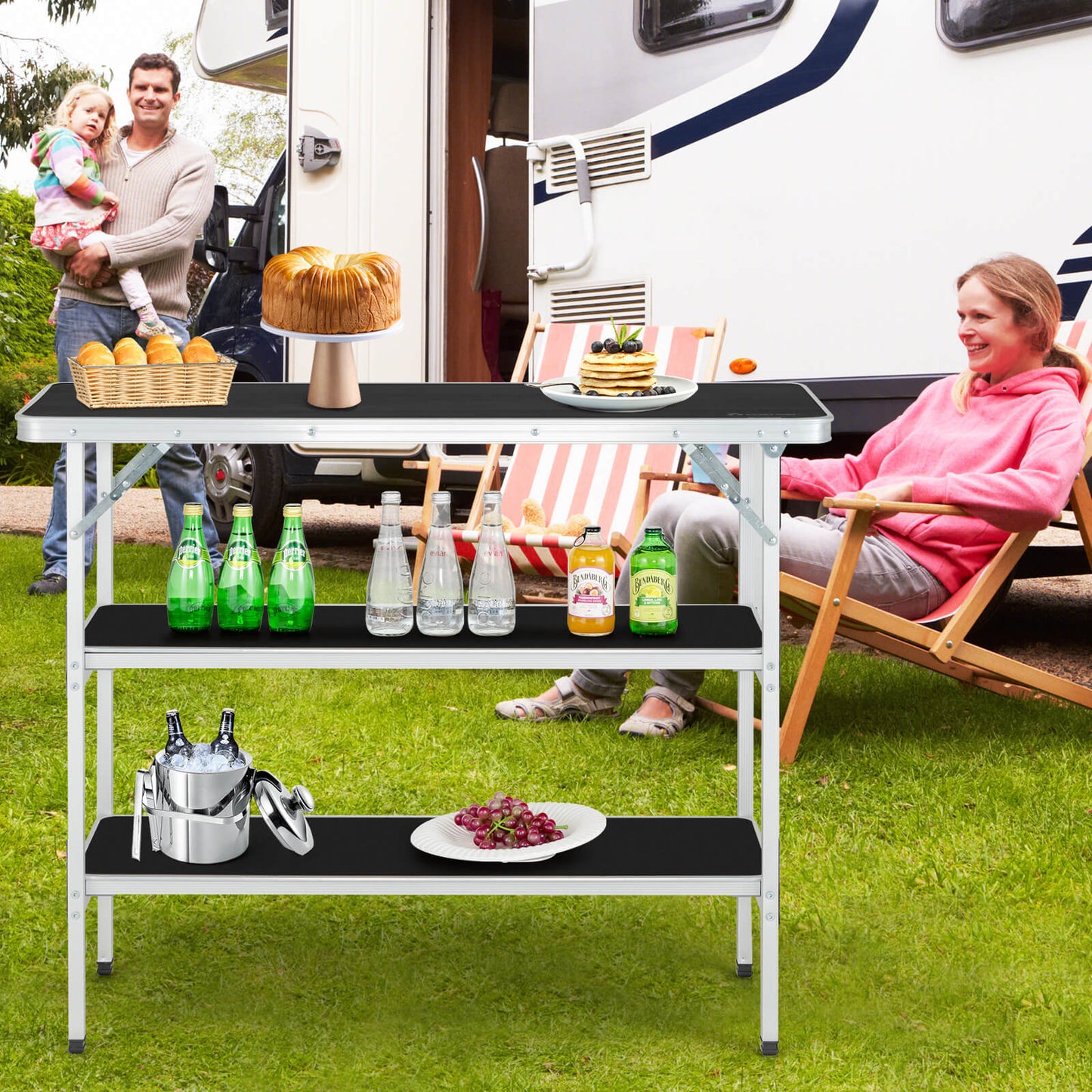 Aluminum Lightweight Folding Picnic Table with 2-Tier Shelves and Carrying Bag-Coffee