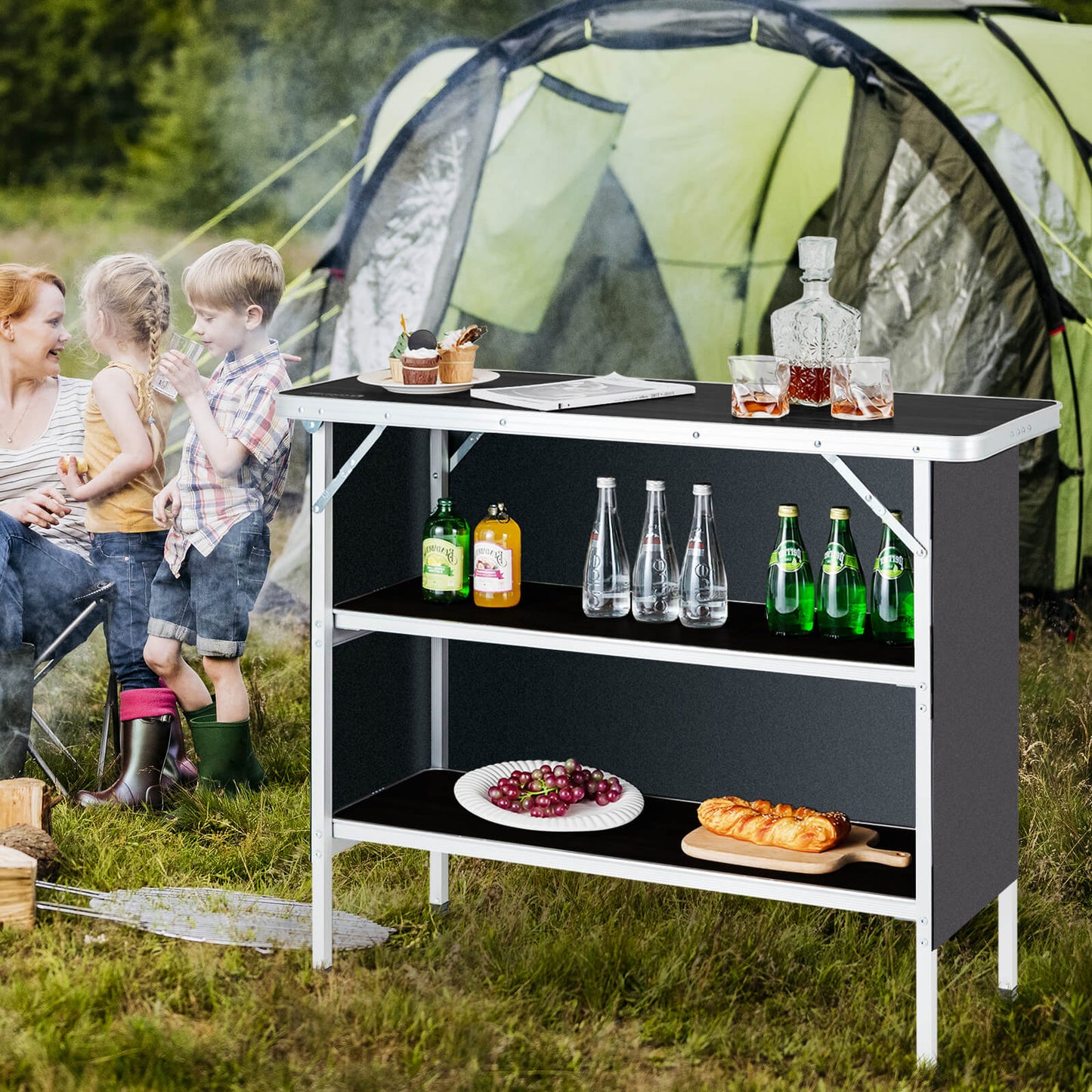 Aluminum Lightweight Folding Picnic Table with 2-Tier Shelves and Carrying Bag-Coffee