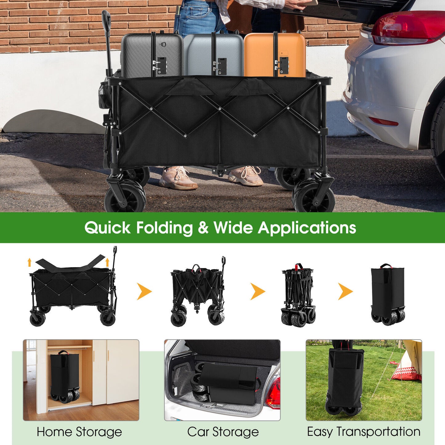 Foldable Wagon with Adjustable Handle and Universal Front Wheels-Black