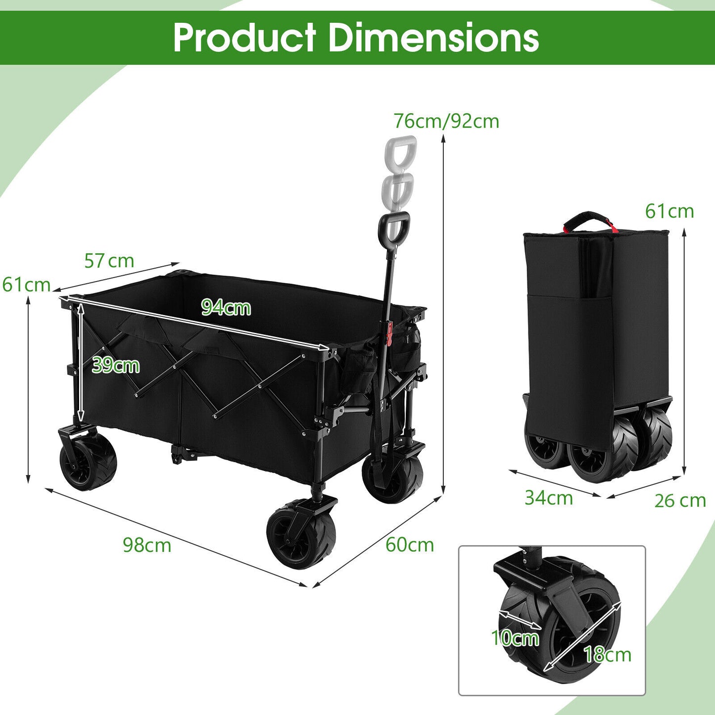 Foldable Wagon with Adjustable Handle and Universal Front Wheels-Black