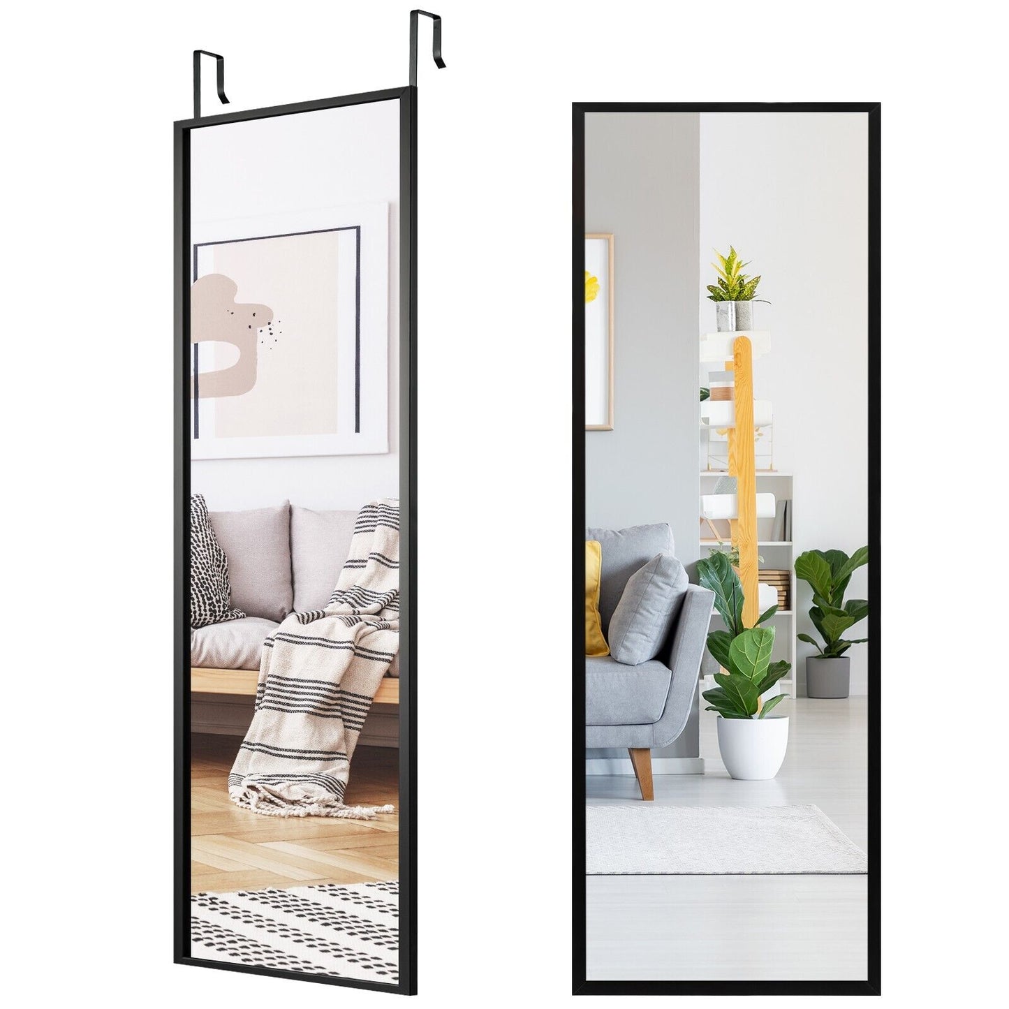 Full Length Wall-Mounted Mirror with Height Adjusting Hooks-White