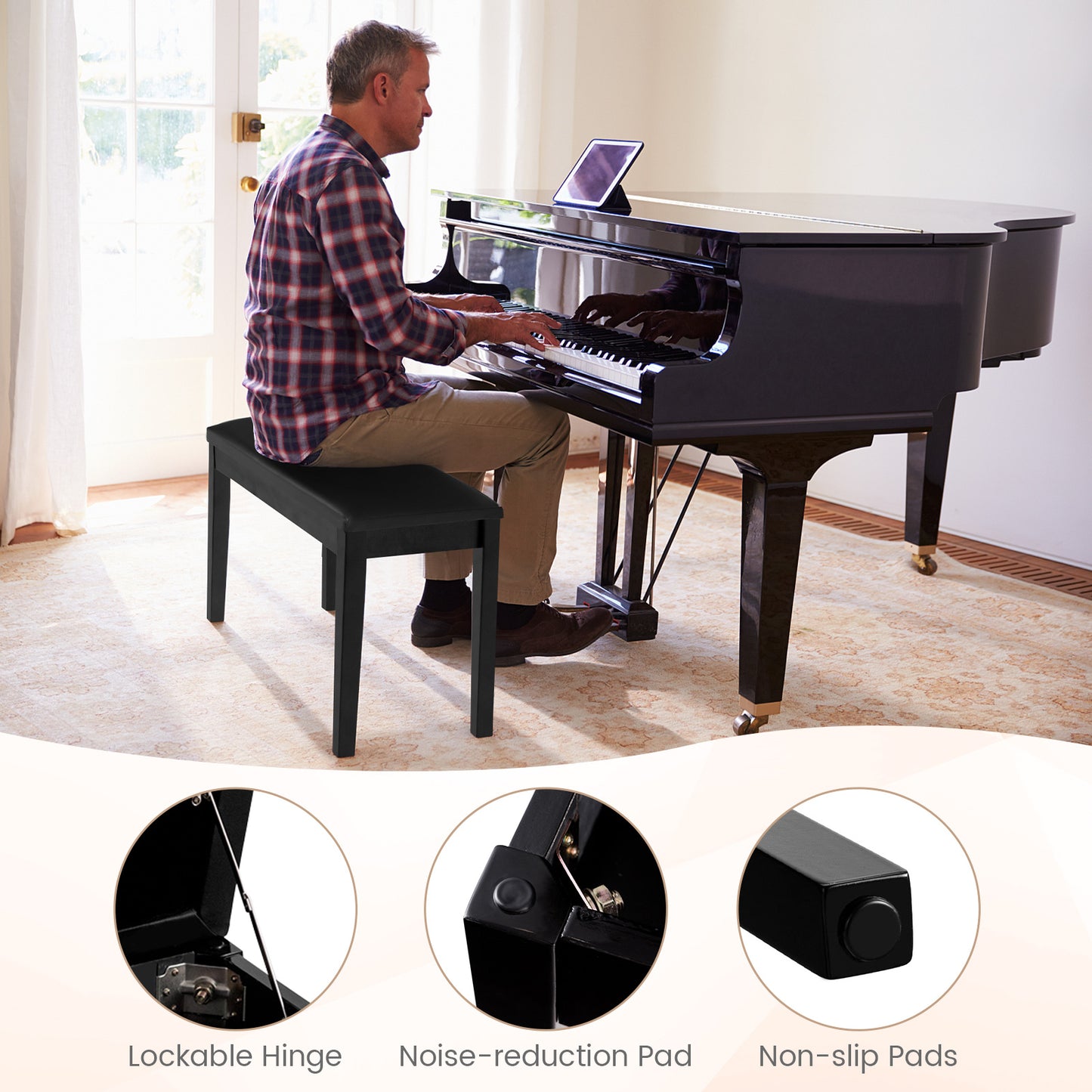 2-in-1 Padded Piano Bench with Storage Space-White