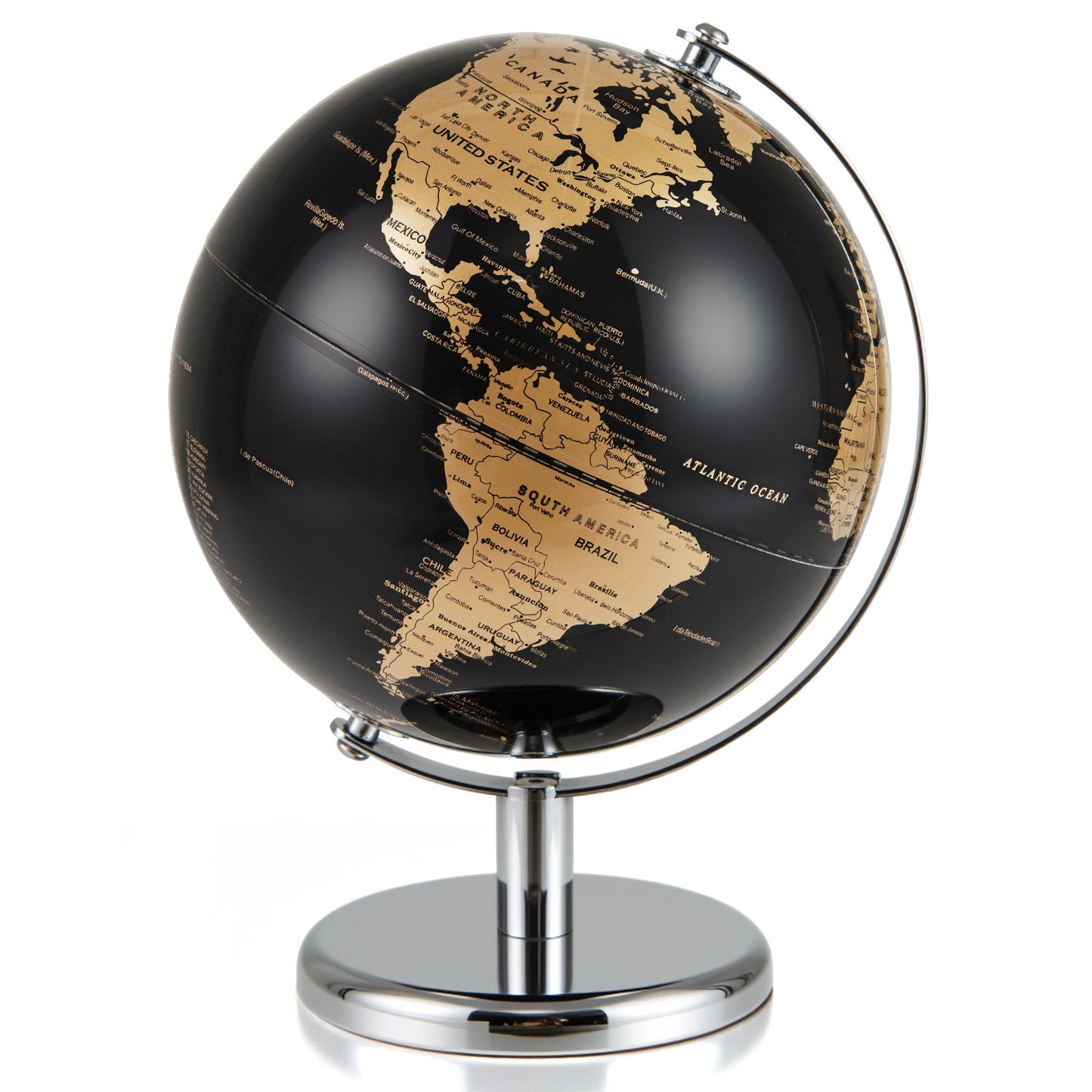 20CM Rotating Metallic Black World Globe with Metal Stand for Home School-Golden
