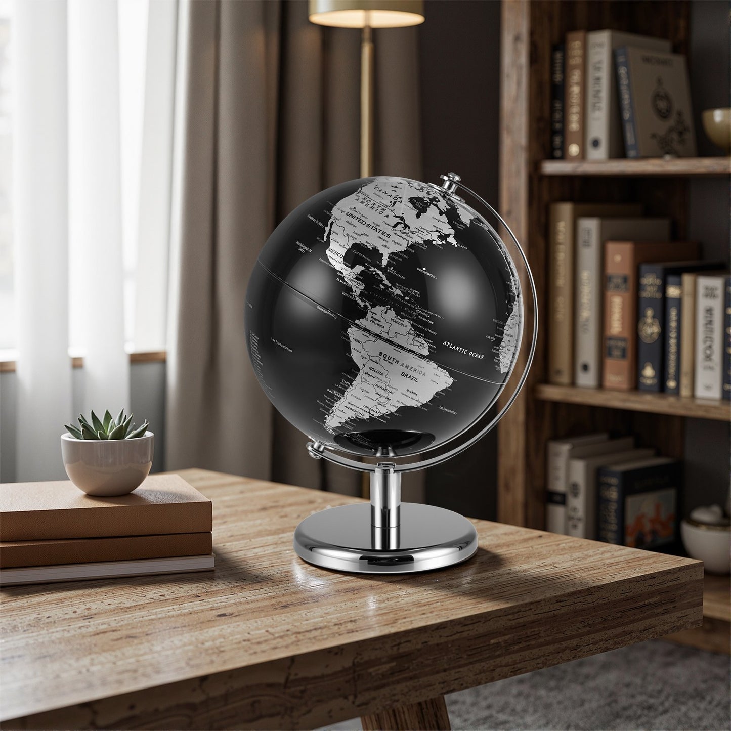 20CM Rotating Metallic Black World Globe with Metal Stand for Home School-Golden