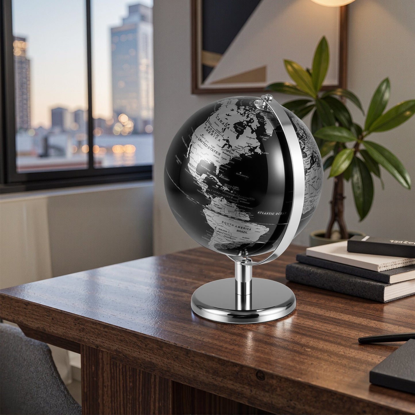 20CM Rotating Metallic Black World Globe with Metal Stand for Home School-Golden