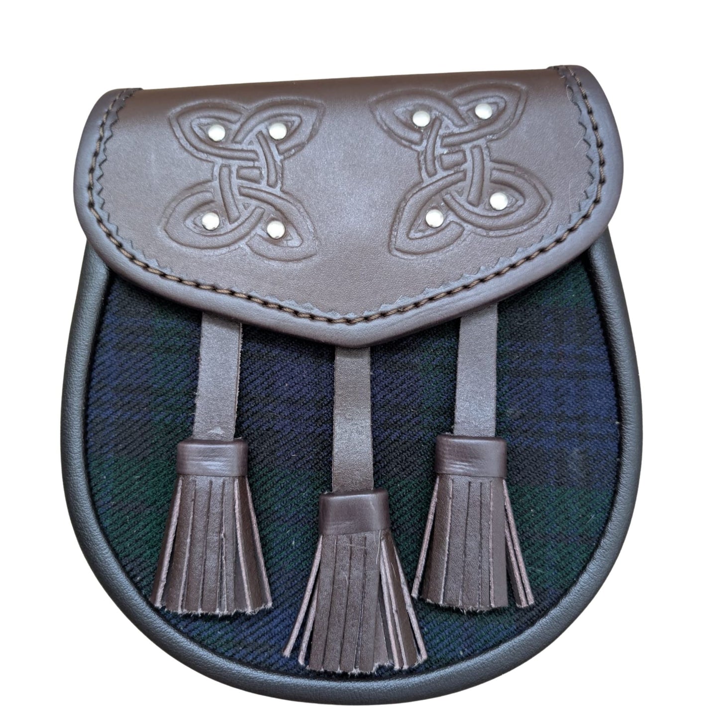 Black Watch Tartan & Brown Leather Semi-Dress Sporran – Hybrid Celtic Embossed