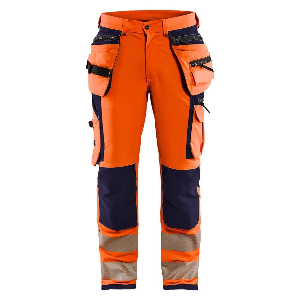 Blaklader 1997 Hi-Vis 4-Way Stretch Holster Pocket Kneepad Work Trousers Orange/Navy Blue, 32" Waist Regular Leg
