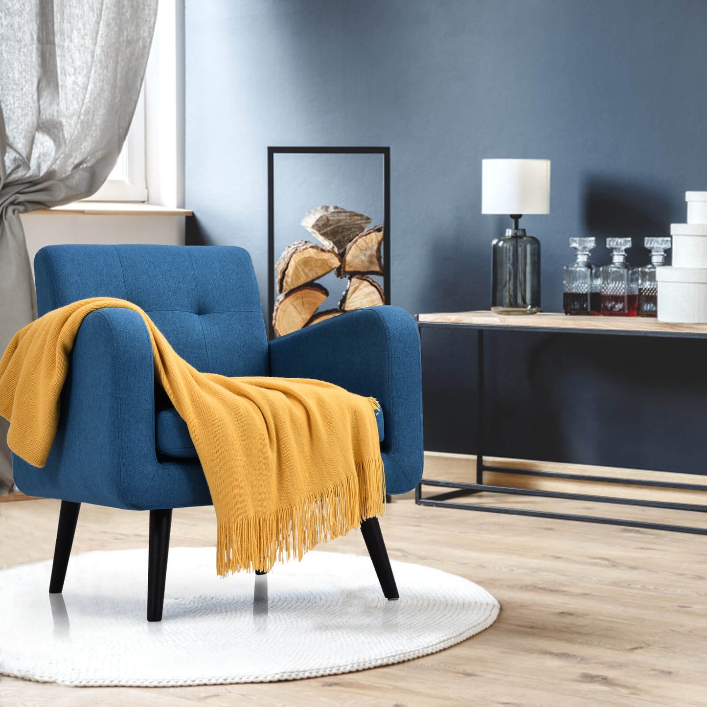 Mid-Century Modern Upholstered Accent Chair with Rubber Wood Legs-Beige