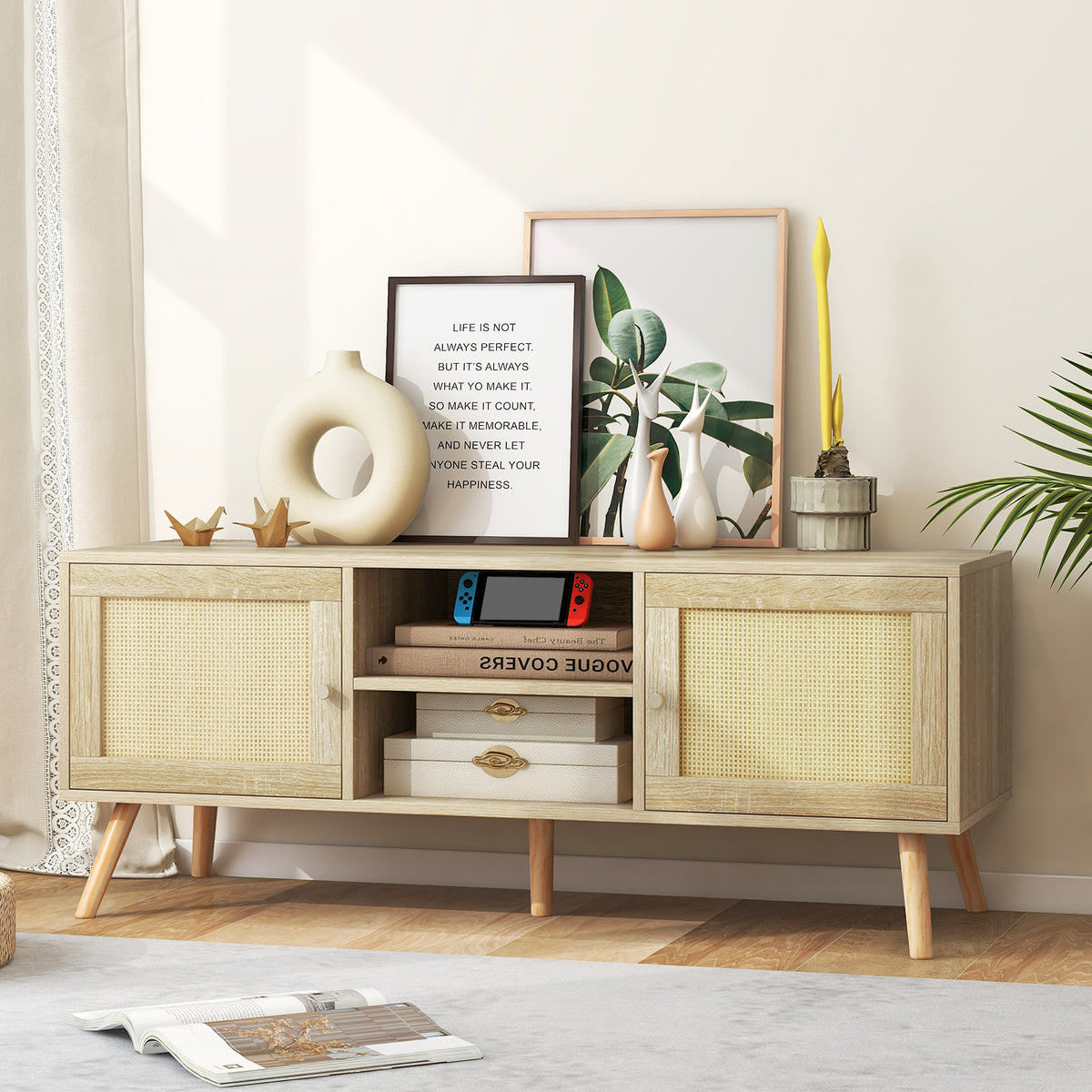 Boho PE Rattan TV Stand with 2 Cabinets and Open Shelves
