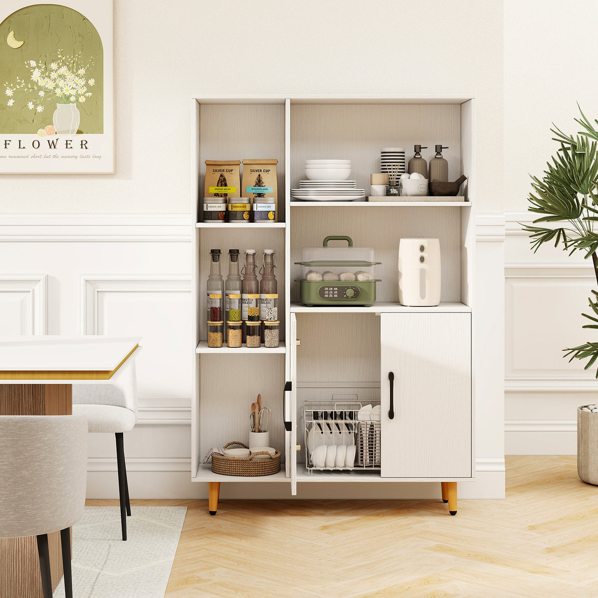 Bookcase with 5 Open Compartments and Double Doors Storage Cabinet-White
