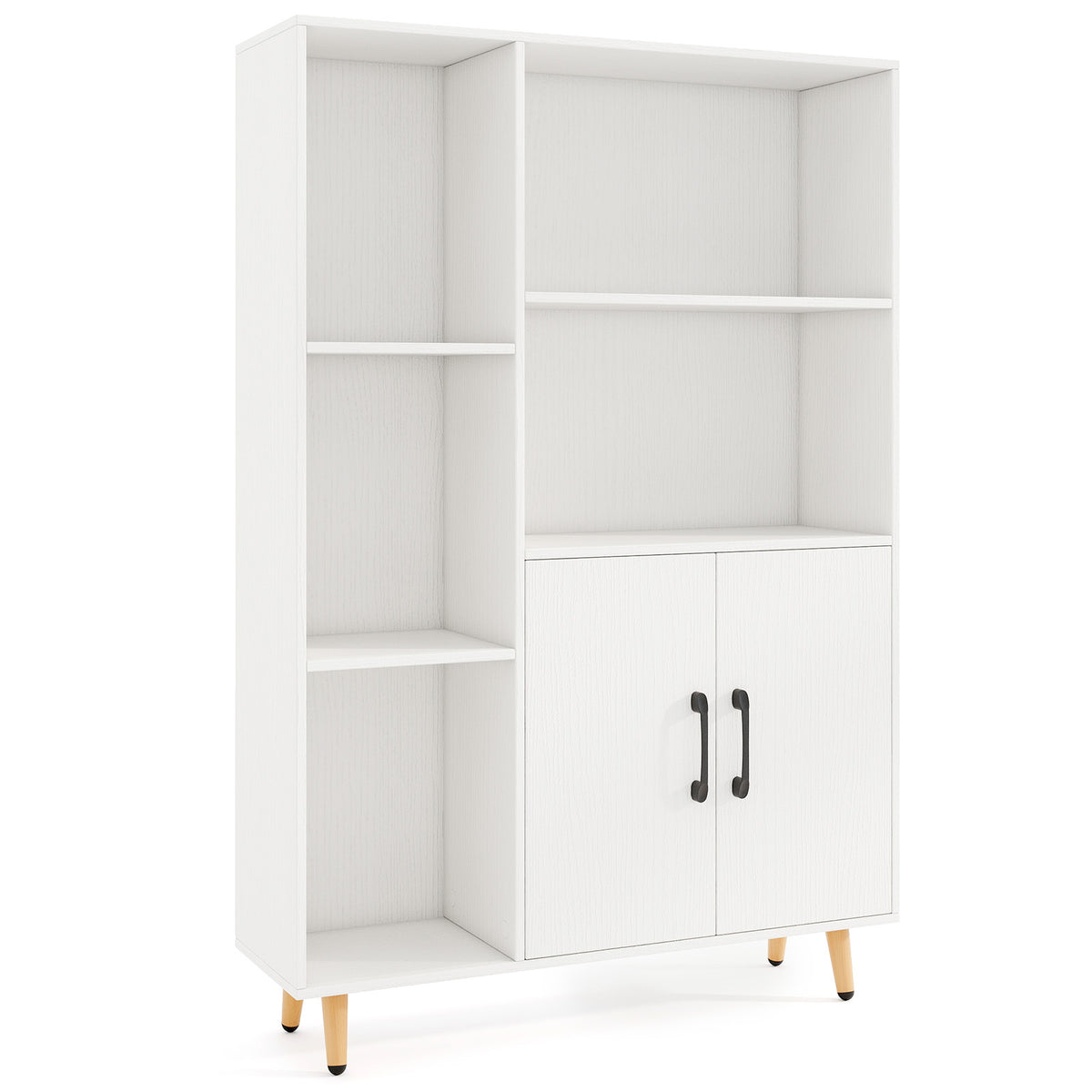 Bookcase with 5 Open Compartments and Double Doors Storage Cabinet-White