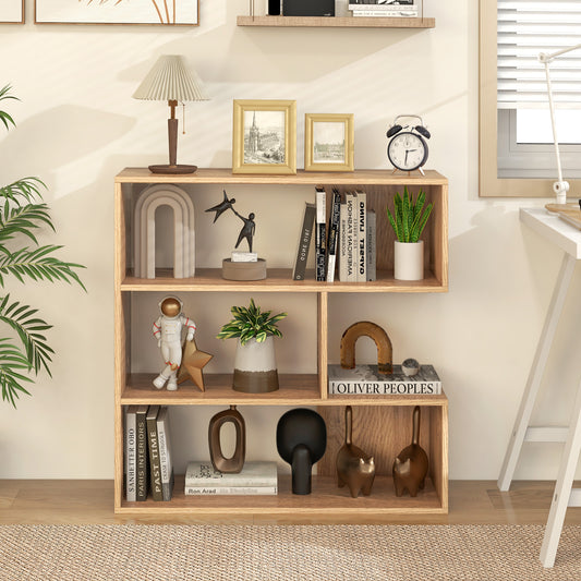3-tier Bookshelf Irregular Open Back Bookcase with 3 Cubes-Natural