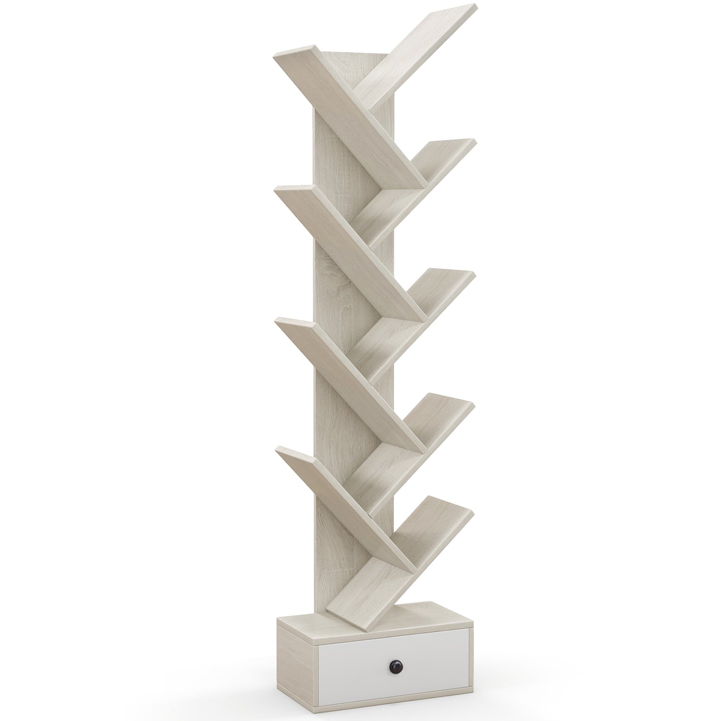 10-Tier Tree Bookshelf with Drawer with Anti-Tipping Kit-Brown