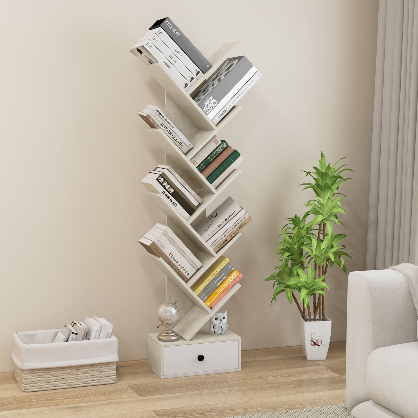10-Tier Tree Bookshelf with Drawer with Anti-Tipping Kit-Brown
