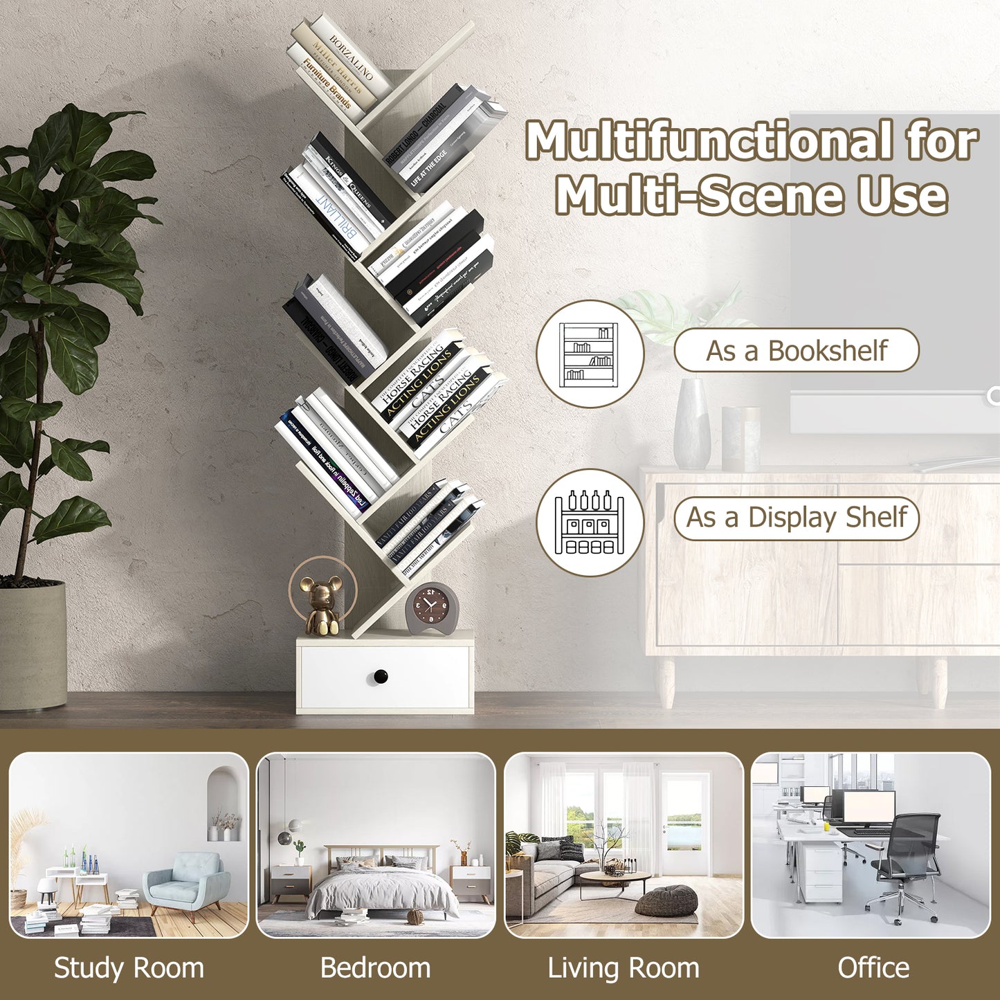 10-Tier Tree Bookshelf with Drawer with Anti-Tipping Kit-Brown