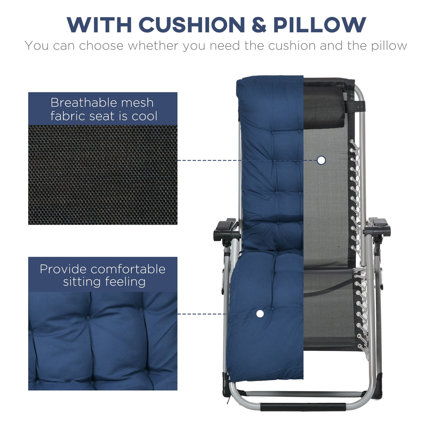 Outsunny 2 PCS Reclining Zero Gravity Chair Folding Lounger Cushion Blue