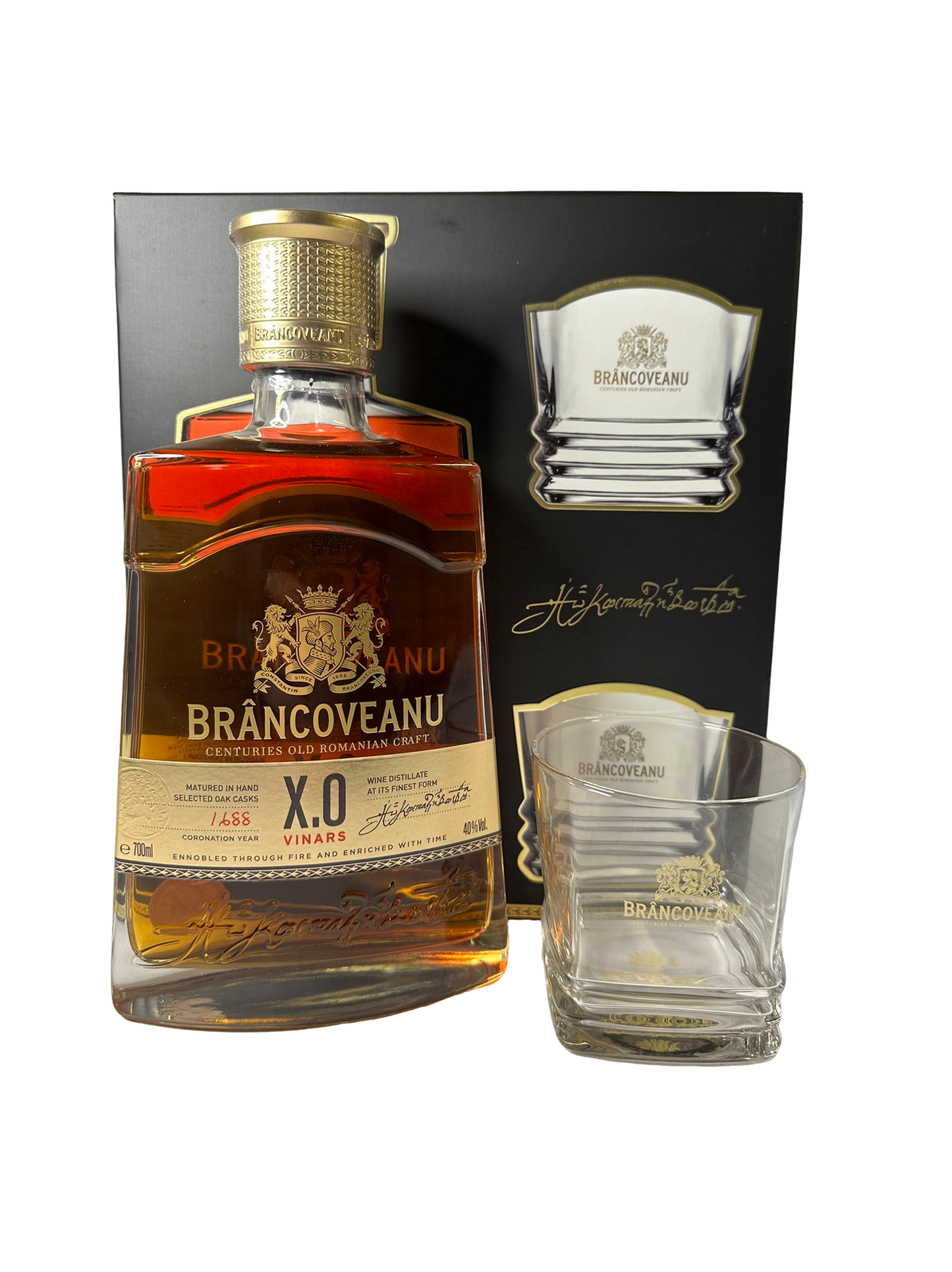 Brancoveanu XO Brandy (Cognac / Coniac / Vinars) with two branded glasses 700ml