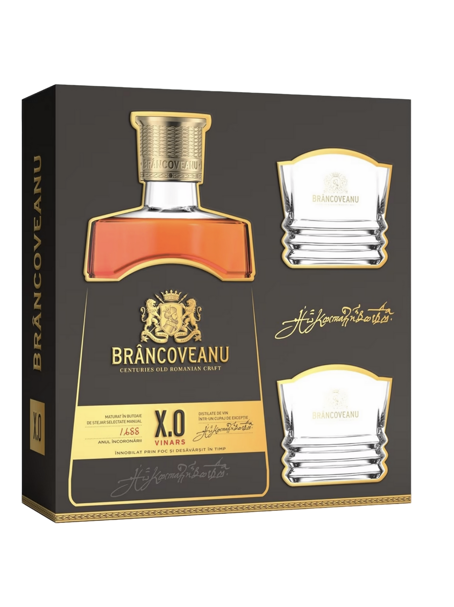 Brancoveanu XO Brandy (Cognac / Coniac / Vinars) with two branded glasses 700ml