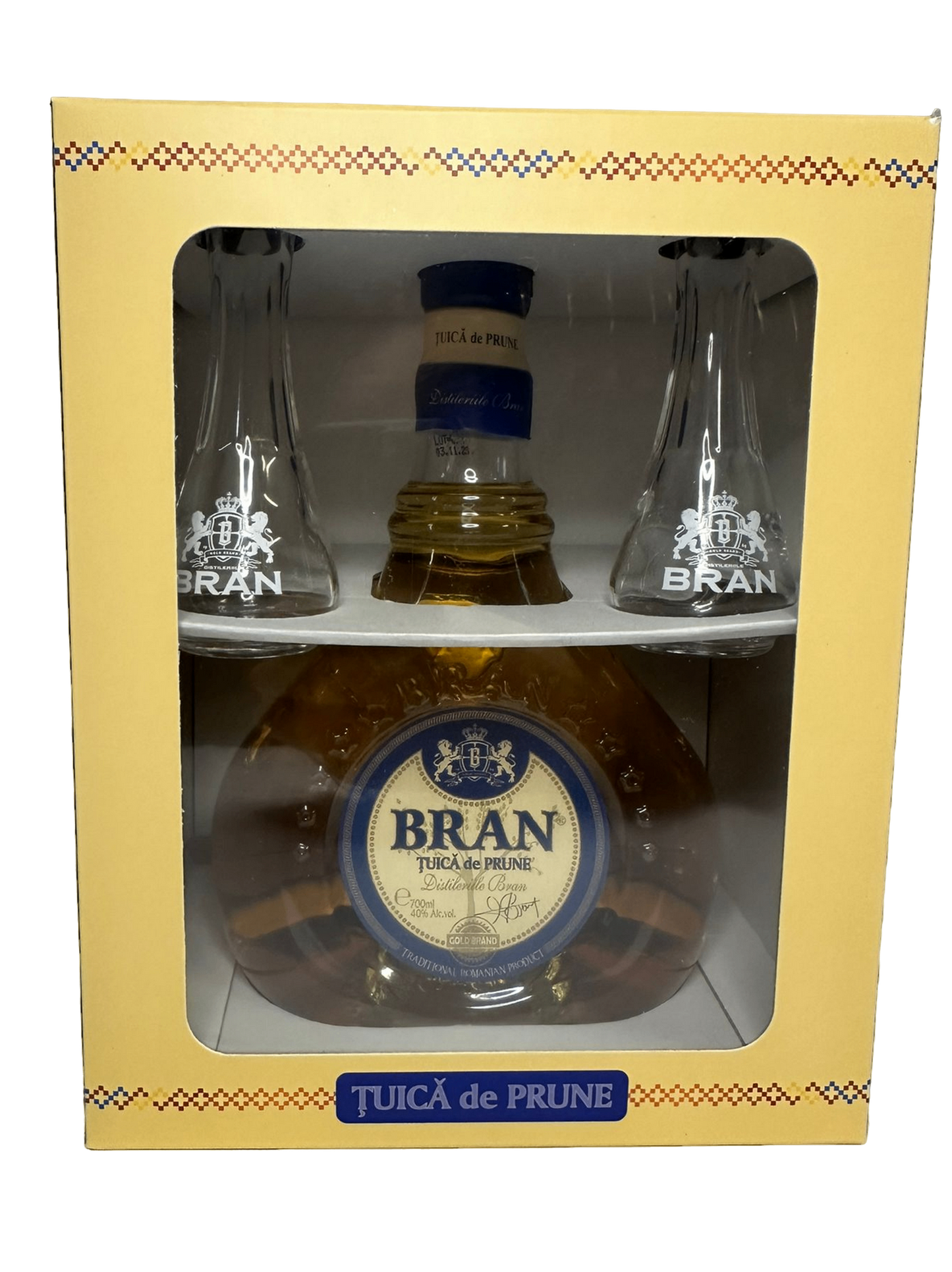 Bran Plum Schnapps (Tuica prune) with two branded glasses 700ml