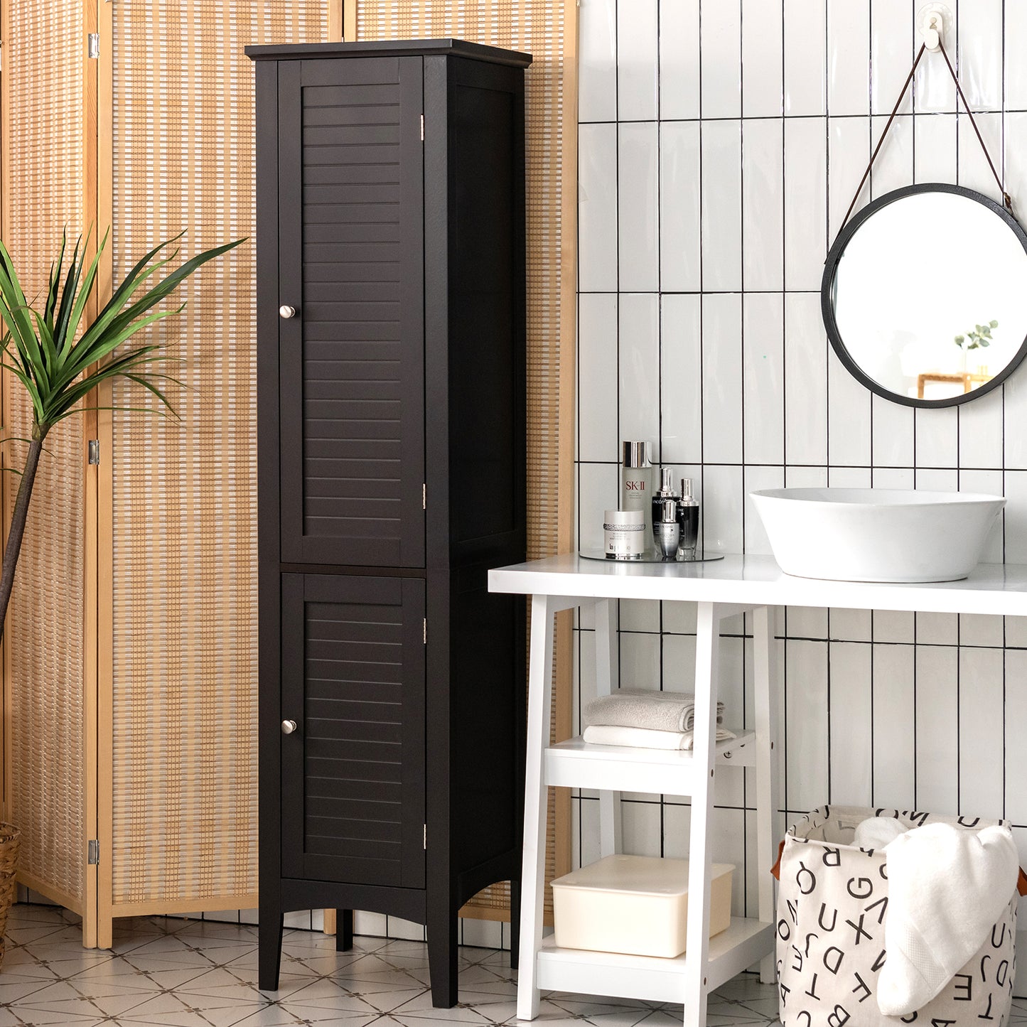 2-Door 160cm High Freestanding Bathroom Cabinet with 5-Tier Shelves-Brown