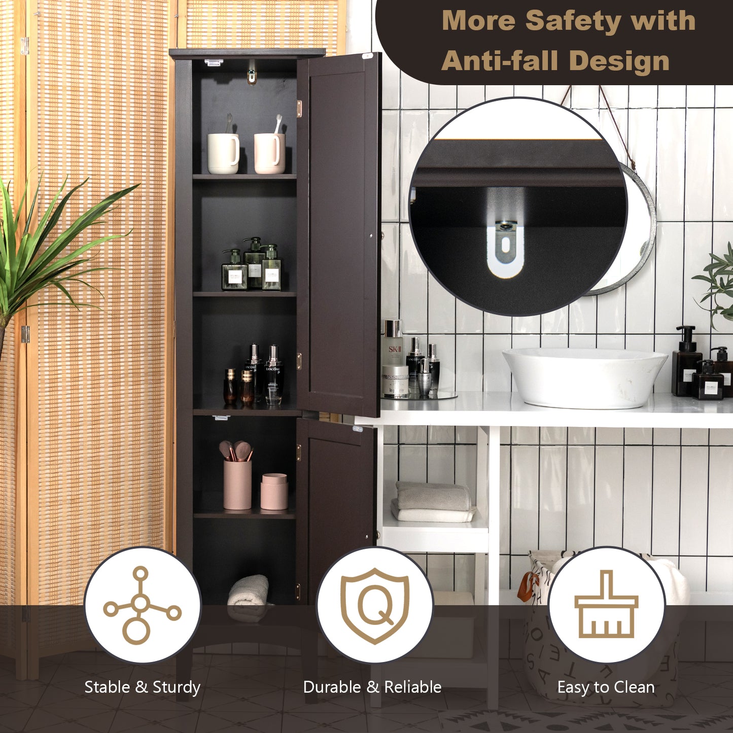 2-Door 160cm High Freestanding Bathroom Cabinet with 5-Tier Shelves-Brown