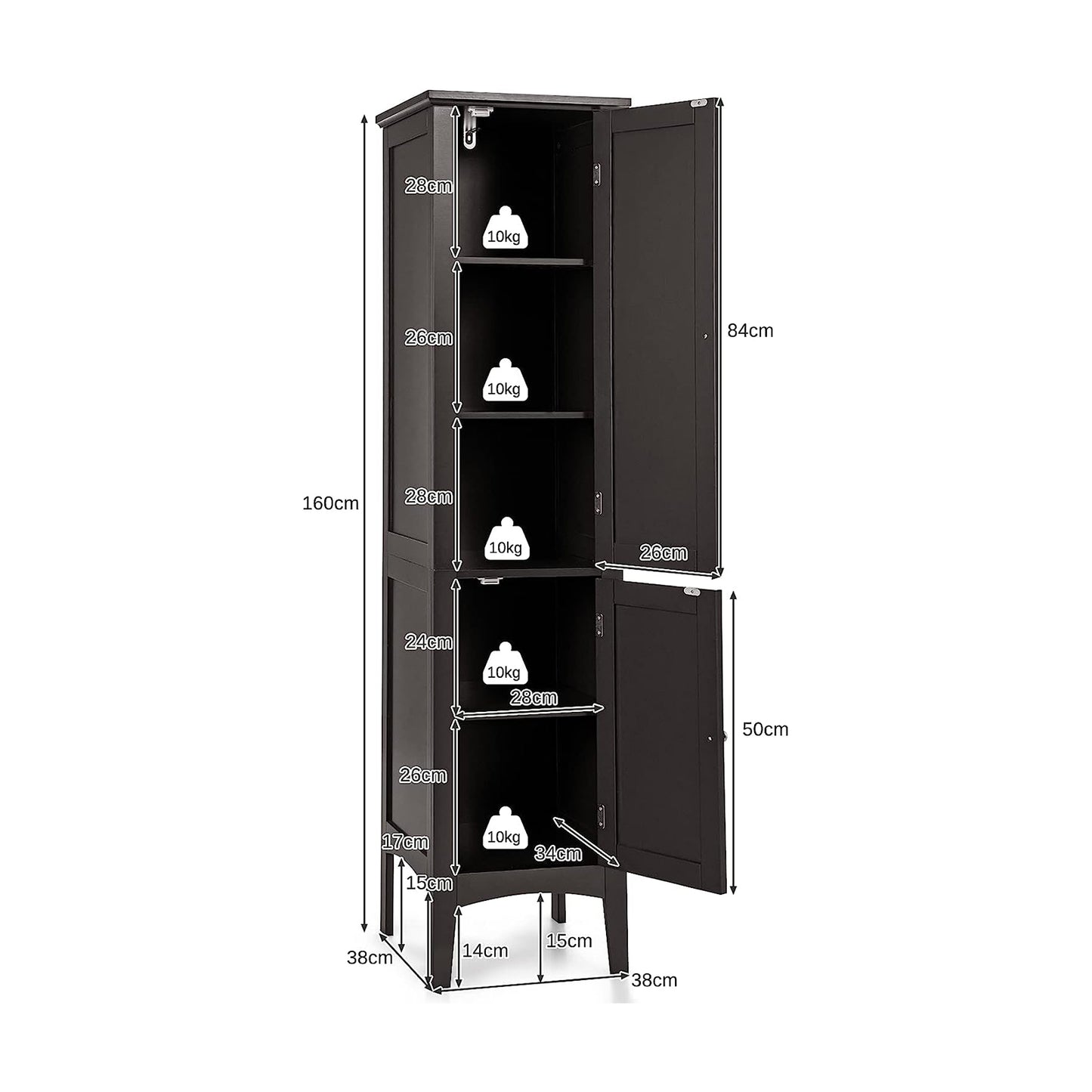2-Door 160cm High Freestanding Bathroom Cabinet with 5-Tier Shelves-Brown